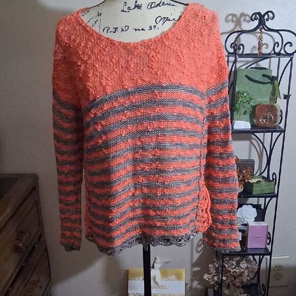 Free People Striped Orange and Gray Women's Knit Sweater Size XS - Picture 1 of 10
